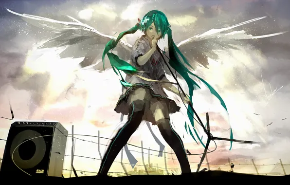 Picture girl, wings, microphone, vocaloid, hatsune miku