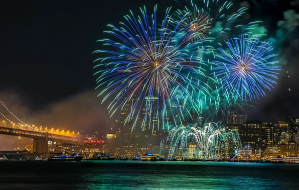 Bridge, lights, holiday, building, skyscrapers, panorama, fireworks