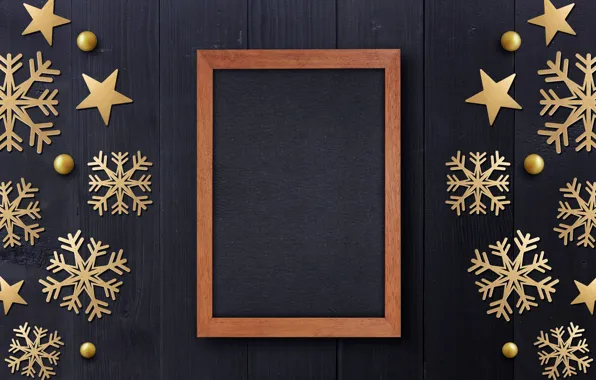 Picture winter, snowflakes, frame, golden, black background, black, Christmas, winter