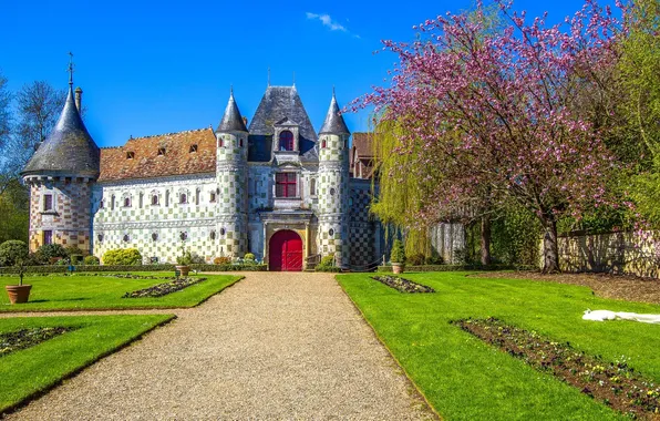 Picture the sky, trees, castle, tower, spring, track, flowering