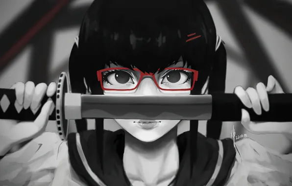 Picture katana, blade, grey background, black hair, glasses, evil eye, face, Japanese schoolgirl