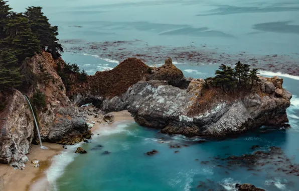 Trees, stones, waterfall, Laguna, CALIFORNIA