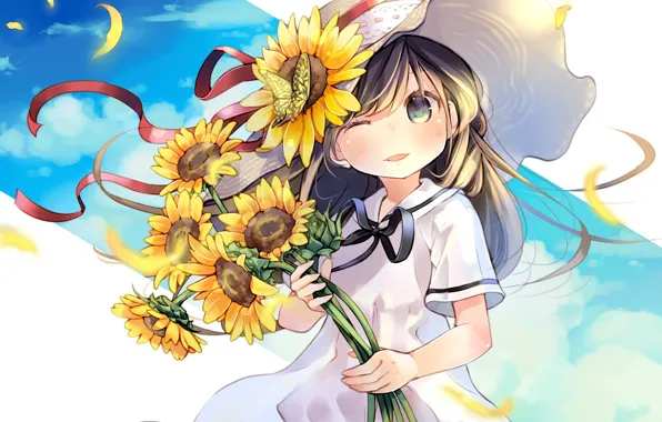 Picture sunflowers, flowers, anime, girl
