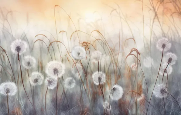 Field, flowers, stems, glade, blur, spikelets, fluff, dandelions