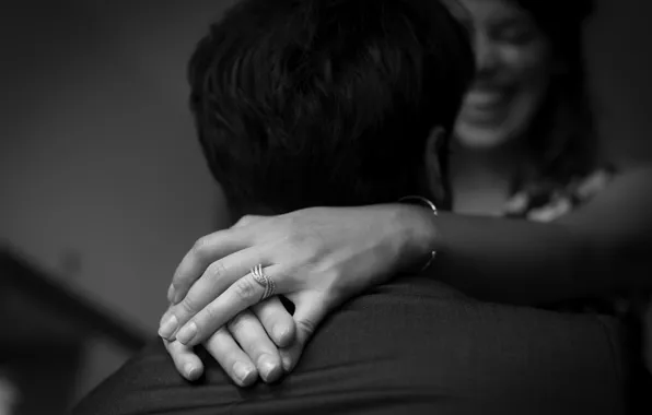 Smile, ring, hands, black and white, lovers, engagement