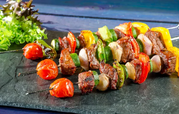 Meat, vegetables, tomatoes, kebab, salad