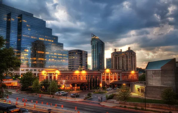 Road, machine, auto, clouds, the city, street, home, the evening