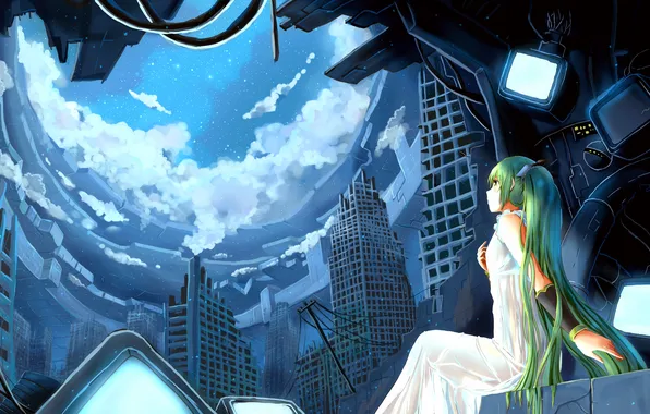 Picture girl, stars, clouds, night, the city, vocaloid, hatsune miku, TV
