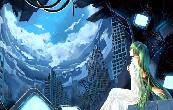 Girl, stars, clouds, night, the city, vocaloid, hatsune miku, TV