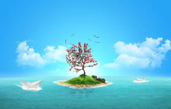 Stones, tree, seagulls, Island, paper boats