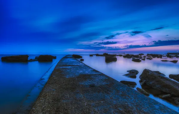 Picture rock, sea, sunset, night
