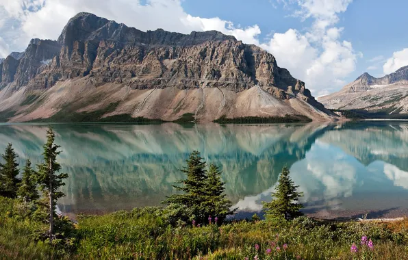 The sky, trees, mountains, nature, lake, Canada, albert, Bow Lake