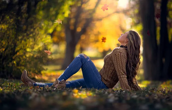 Autumn, leaves, girl, the sun, trees, pose, Park, jeans