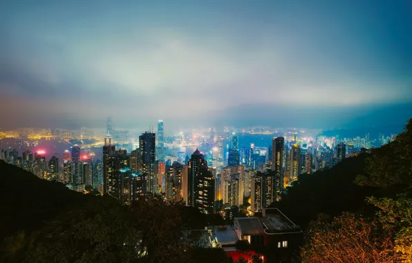 Night, lights, view, home, skyscrapers, panorama, China, Hong Kong