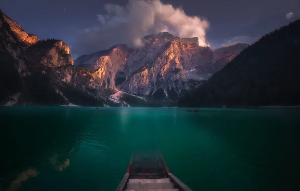 Light, mountains, lake, rocks, shore, boat, Alps, ladder