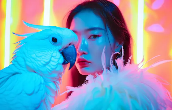 White, look, girl, lights, pose, lights, bird, portrait