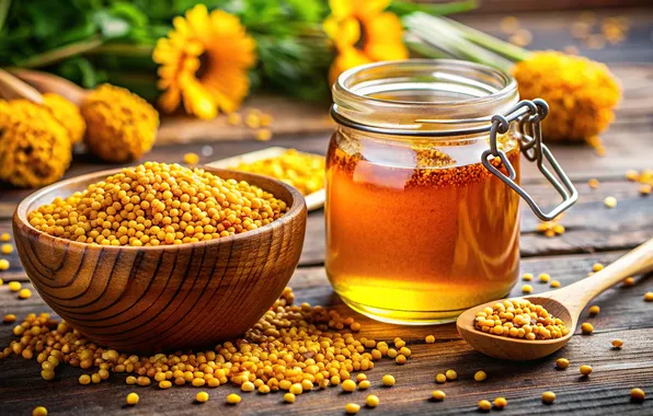Light, flowers, table, grain, Board, bouquet, honey, spoon