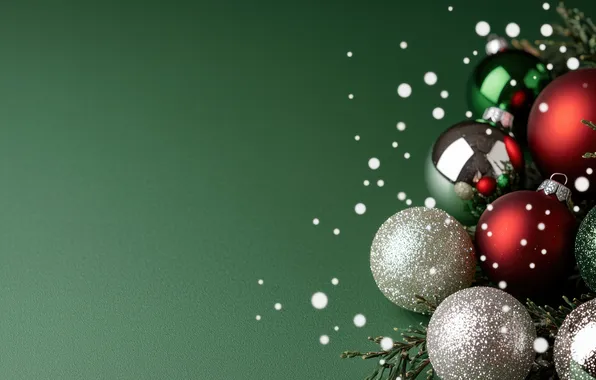 Balls, Christmas, red, New year, green background, silver, AI art, neural network