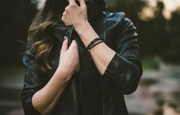 Black, hands, jacket, bracelets, kozhanka