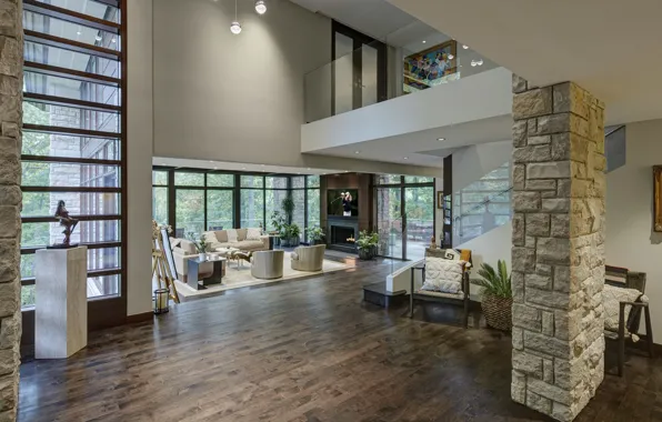 Space, Villa, interior, living room, hall, the lobby, two levels, by DesRosiers Wanczyk