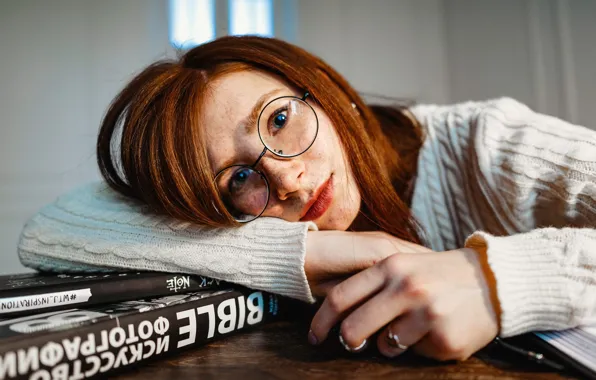 Girl, Look, Glasses, Girl, Eyes, Ring, Red, Rings
