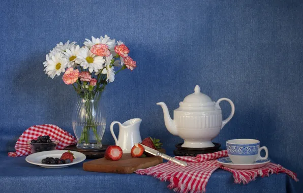 Flowers, berries, bouquet, kettle, strawberry, knife, Cup, still life
