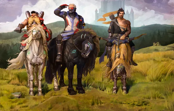 Horses, heroes, soldier, blizzard, fan art, Hanzo, three heroes, overwatch