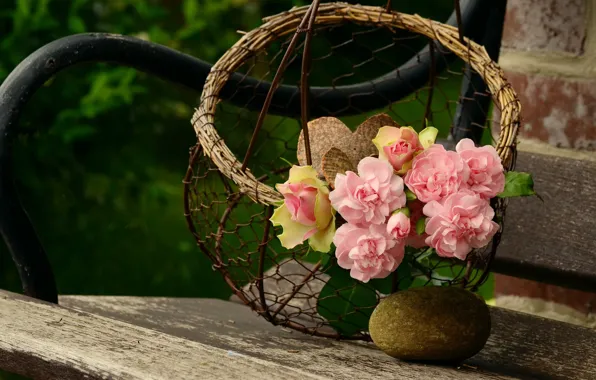 Picture bench, basket, roses, pink