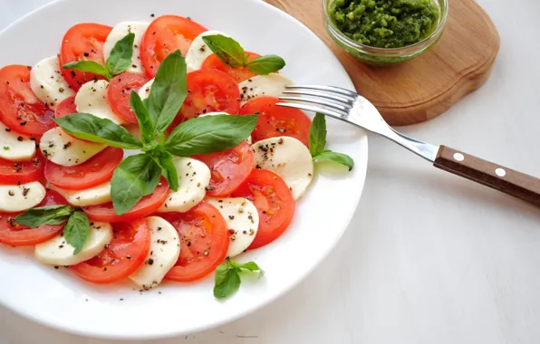 Tomato, salad, Basil, mozzarella
