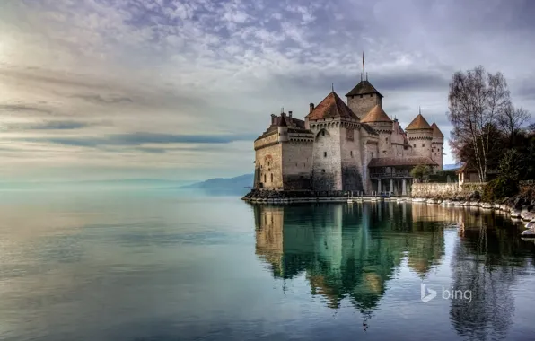 The sky, water, trees, landscape, Switzerland, Lake Geneva, Chillon castle
