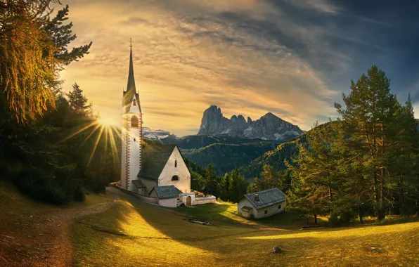 Trees, sunset, mountains, Italy, Church, Italy, The Dolomites, South Tyrol
