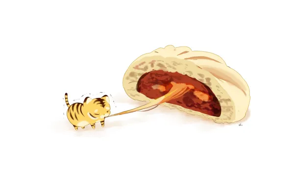 White background, yummy, tiger, filling, buns, pulls, tabby kitten, by drawing chisanne