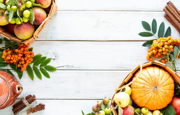 Autumn, leaves, branches, berries, apples, Board, kettle, harvest