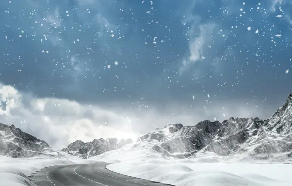 Winter, road, the sky, clouds, snow, mountains, snowflakes, highway