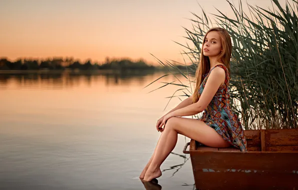 Picture look, sunset, nature, sexy, pose, river, shore, model