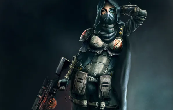 Picture girl, weapons, art, hood, armor, sniper, cloak, rifle