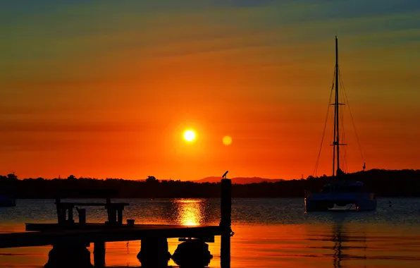 The sky, sunset, lake, yacht