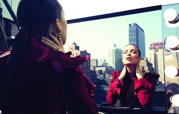 Picture reflection, model, building, actress, mirror, Olivia Wilde