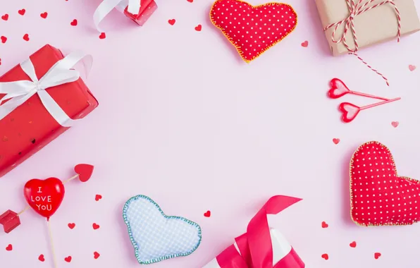 Holiday, the inscription, heart, heart, gifts, hearts, red, lollipops