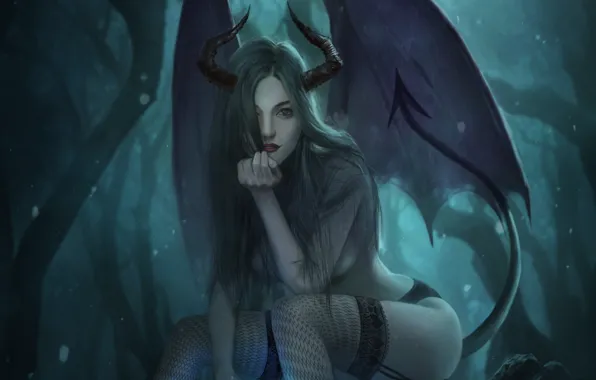 Girl, Girl, Darkness, Horns, Dragon, Art, Beautiful, Art