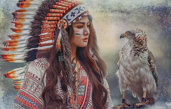 Picture bird, feathers, painting, girl Indian