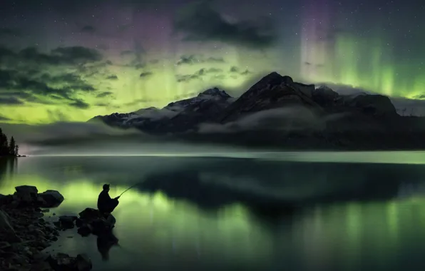 The sky, clouds, mountains, night, fog, darkness, reflection, stones