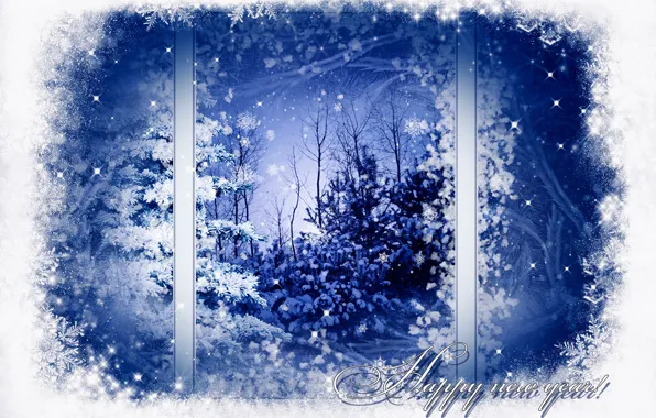 Winter, snow, trees, snowflakes, pattern, tree, window, New year