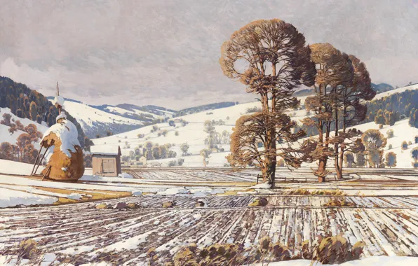 Picture 1920, Austrian painter, Austrian painter, oil on canvas, Wechselgebirge in early spring, Exchange mountains in …