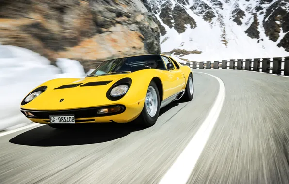 Color, Auto, Road, Mountains, Yellow, Lamborghini, Rocks, Snow