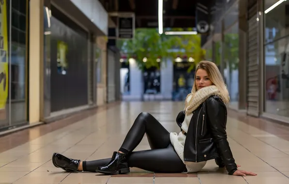 Legs, Jacket, Glance, Sitting, Scarf, Boots, Blonde girl, Laure