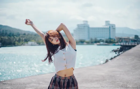 Look, the sun, landscape, the city, river, model, skirt, hands