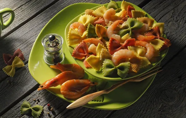 Bows, shrimp, spices, pasta