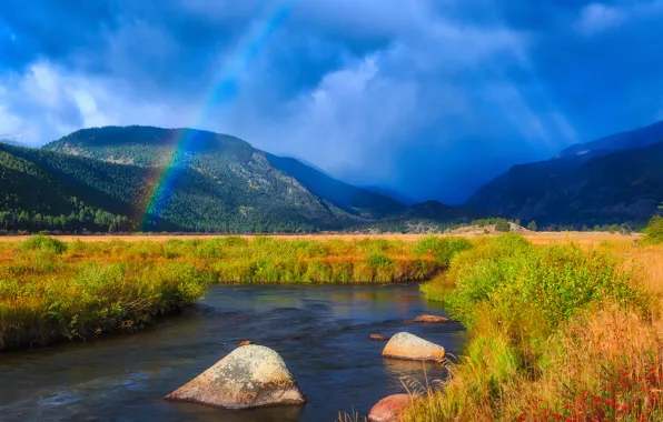 Mountains, stream, rainbow, Colorado, river, Colorado, Rocky mountains, Rocky Mountains