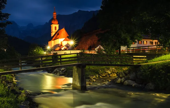 Night, bridge, river, Germany, Bayern, Church, Germany, Bavaria
